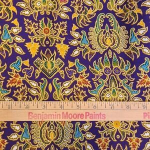 New  Indonesian Batik Fabric Floral Tribal Tropical Purple Gold Cotton 68" x 42"